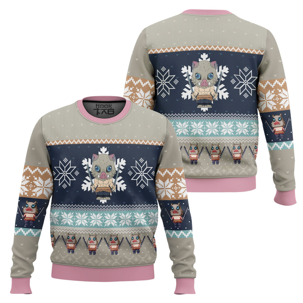 Chibi Christmas Inosuke Hashibira Demon Slayer Ugly Christmas Sweater